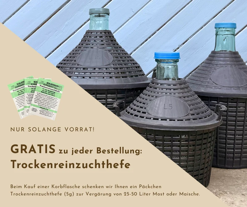 Korbflasche/Glasballon im Kunststoffkorb + GRATIS Hefe