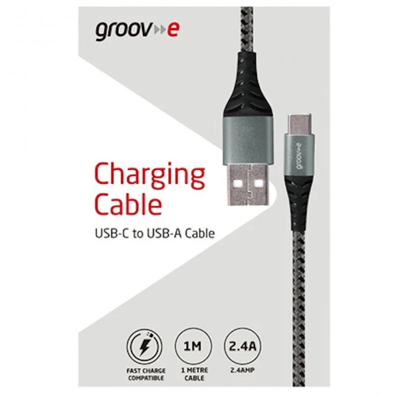 Groov-e USB-C to USB-A 1m Braided Charging Cable, Grey