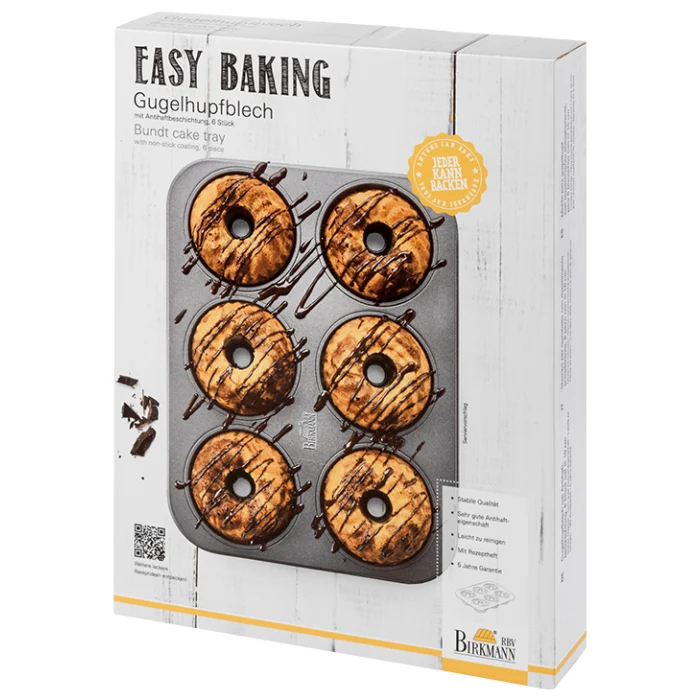 Easy Baking, Gugelhupfblech, Ø 10 cm, 35 x 27 cm, Höhe 5 cm, für 6 Stück, mit Marken-Antihaftbeschichtung, mit Rezept