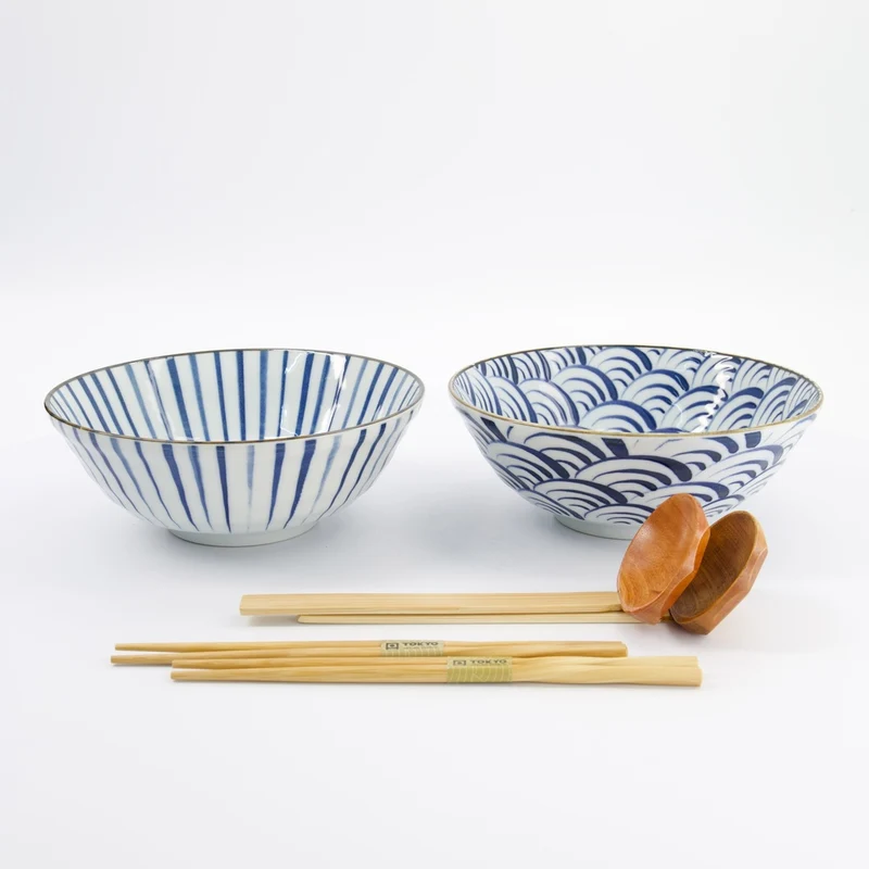 Ramen Schale Geschenkset, 6-tlg., Natsu, Blau/Weiß Ø 21x7,8cm 1000ml