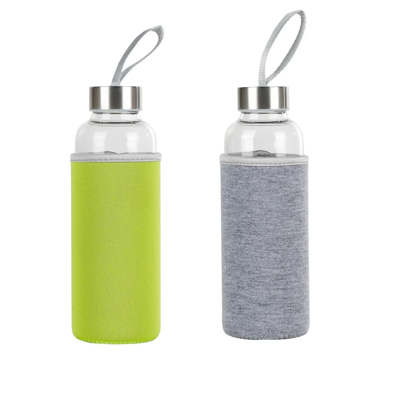 Trinkflasche aus Glas, 1L mit Schutzhülle aus Neopren grau