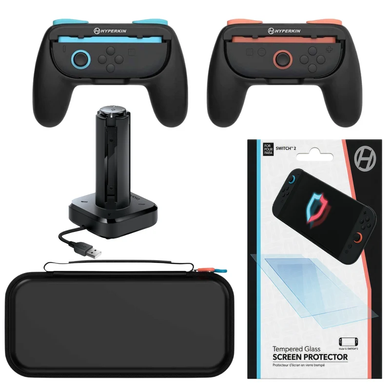 Bundle: Hyperkin Hard Shell Carrying Case + Hyperkin Screen Protector + Hyperkin Pro Handle Attachment + DreamGear Power Quad Port Charging Dock