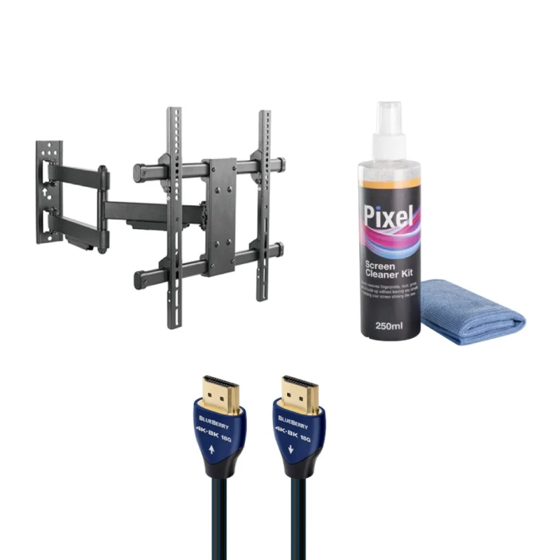Bundle: Lumi Heavy-Duty Full-Motion TV Wall Mount - Black + Pixel 2 in 1 Screen Cleaner Kit + AudioQuest BlueBerry 2.5 ft In-wall HDMI Cable - Blue/Black