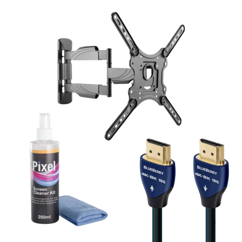 Bundle: Lumi Full-Motion Wall Mount for 32" to 55" TV - Black + Pixel 2 in 1 Screen Cleaner Kit + AudioQuest BlueBerry 2.5 ft In-wall HDMI Cable - Blue/Black