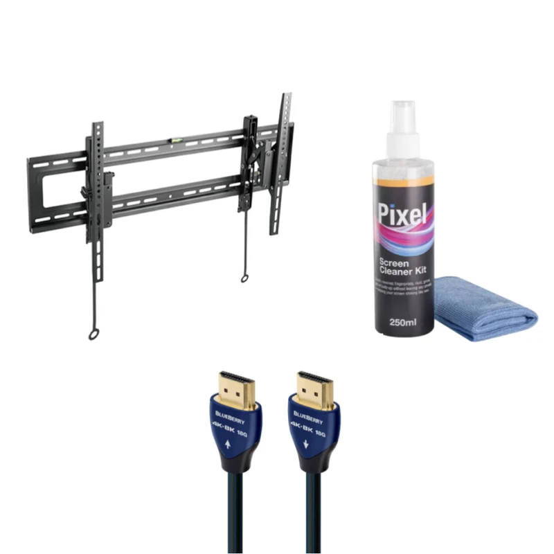 Bundle: Lumi Advanced Extension Tilt TV Wall Mount - Black + Pixel 2 in 1 Screen Cleaner Kit + AudioQuest BlueBerry 2.5 ft In-wall HDMI Cable - Blue/Black