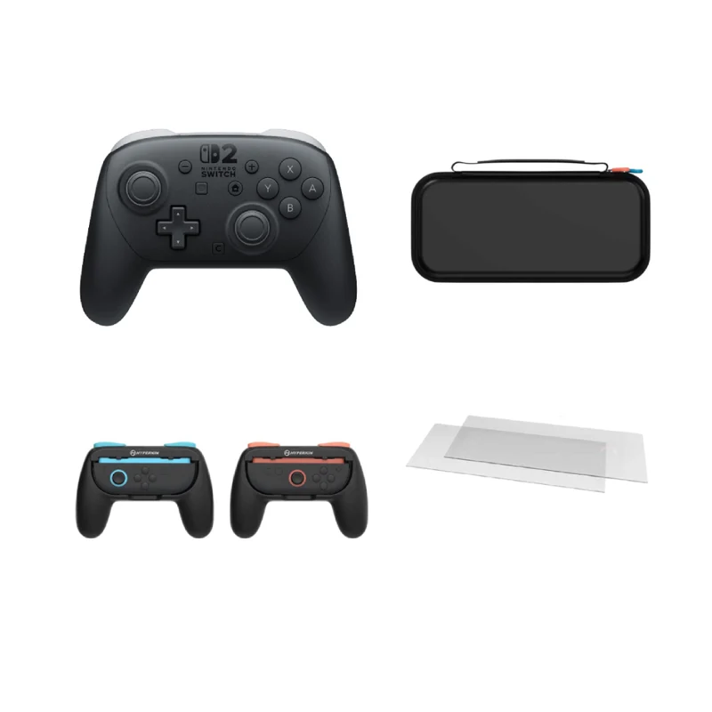 Bundle: Nintendo Switch 2 Pro Controller - Black/Gray + Hyperkin Hard Shell Carrying Case - Black + Hyperkin Pro Handle Attachment (2 Pieces) - Black + Hyperkin Screen Protector (2 Pieces) for Nintendo Switch - Clear