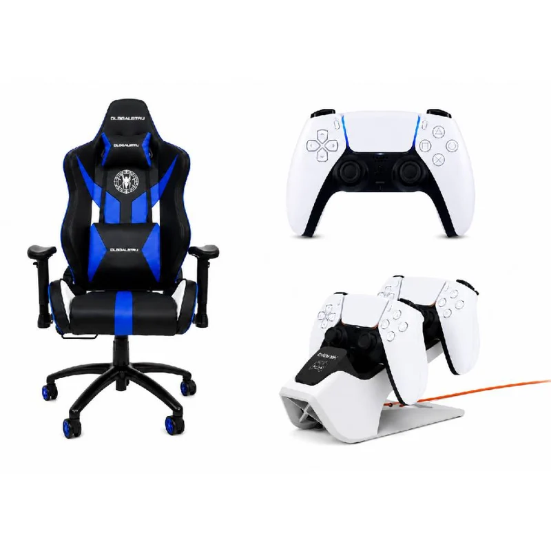 Bundle: Black Widow Gaming Chair with Back Support Pillow - Blue + Sony DualSense Wireless Controller for PlayStation 5 - White + Bionik Power Stand for PlayStation 5 - White