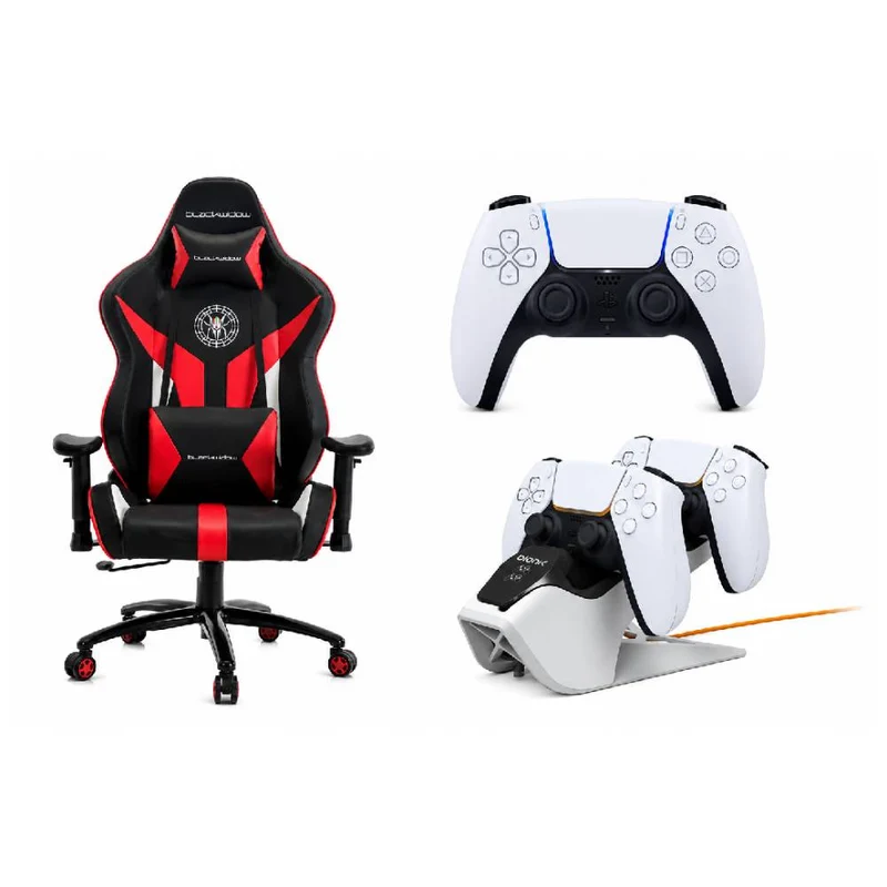 Bundle: Black Widow Gaming Chair with Back Support Pillow - Red + Sony DualSense Wireless Controller for PlayStation 5 - White + Bionik Power Stand for PlayStation 5 - White