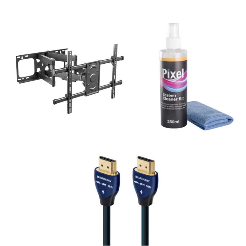 Bundle: Lumi Heavy-Duty Full-Motion Wall Mount for 37" to 90" TV - Black + Pixel 2 in 1 Screen Cleaner Kit + AudioQuest BlueBerry 2.5 ft In-wall HDMI Cable - Blue/Black