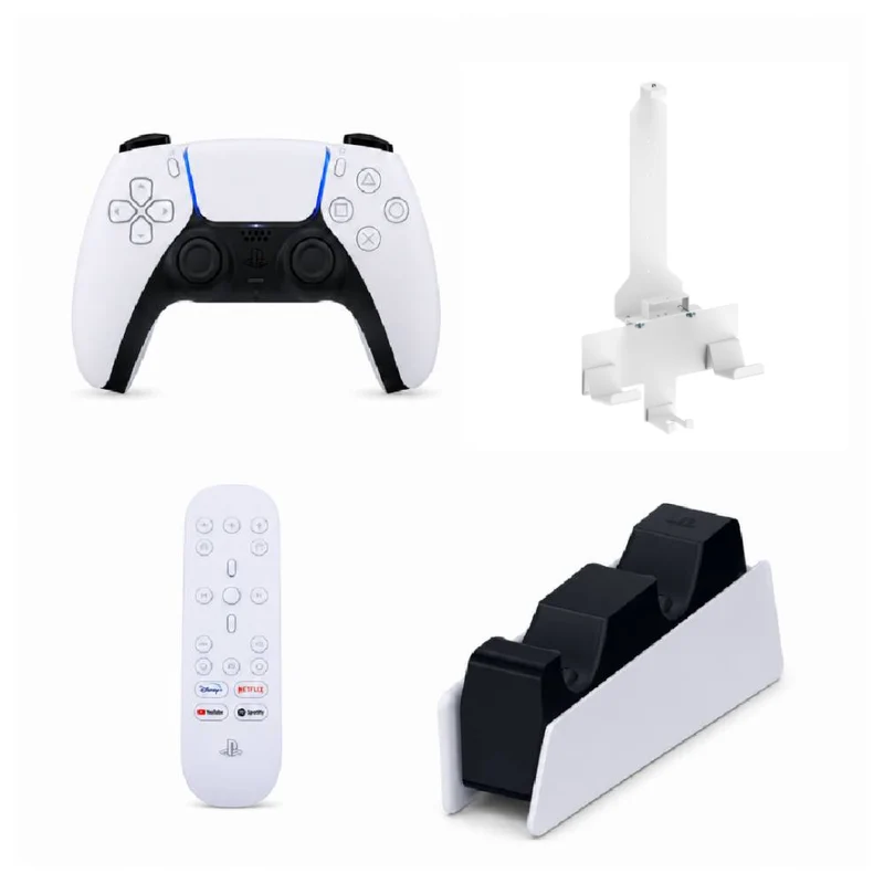 Bundle: Sony DualSense Wireless Controller for PlayStation 5 + Lumi Wall Mounts with Controller and Headphone Holders + Sony Media Remote + DualSense 2-Bay Charging Station - White