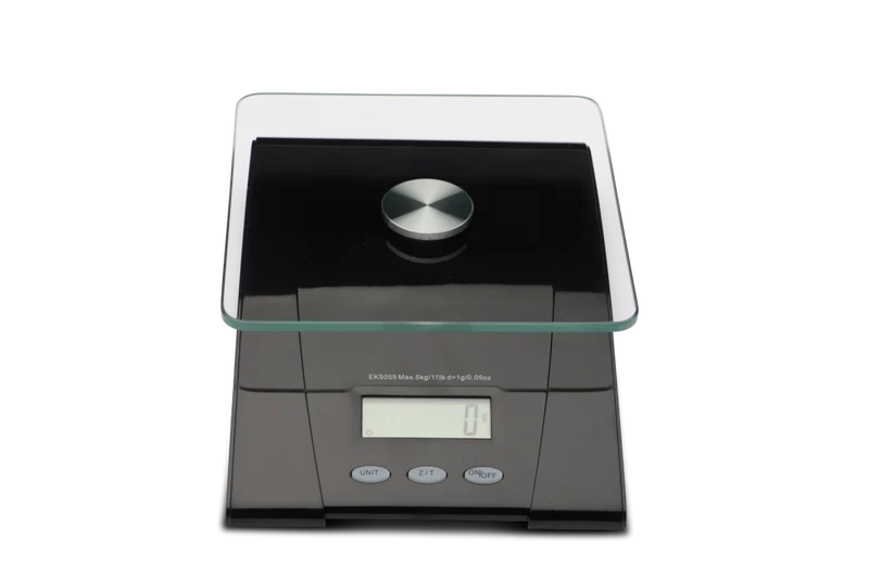 Küchenwaage mit Glasplatte Sockel schwarz bis 5 kg