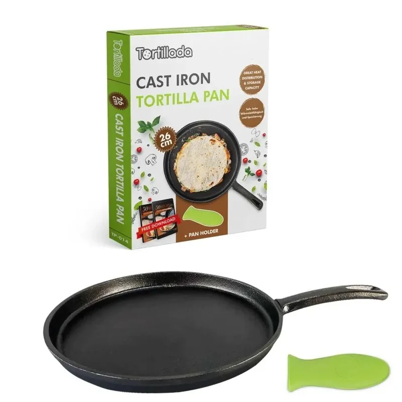 Pfanne aus Gusseisen 26cm für Tortillas - Pfannkuchen + Silikon Griffschutz