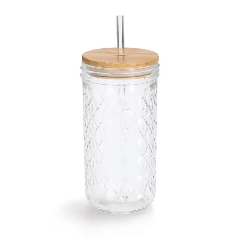 Trinkglas m. Bambusdeckel u. Glasstrohhalm