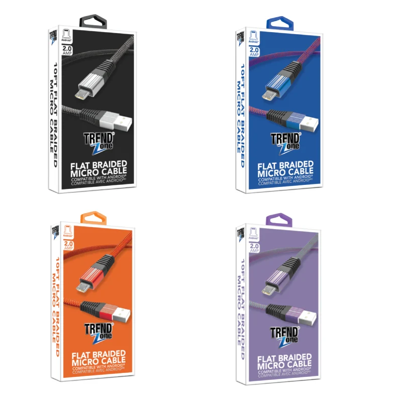 Trend Zone 10 ft Flat Braided Micro USB Cable for Mobile Phones - Assorted