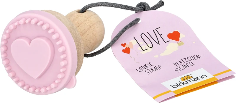 Plätzchen-Stempel Herz Ø 5 cm, Holzgriff, mit Silikonscheibe, rosa