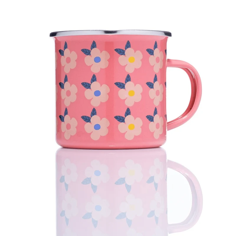 Retro Floral Enamel Mug 350ml – Rose Pink