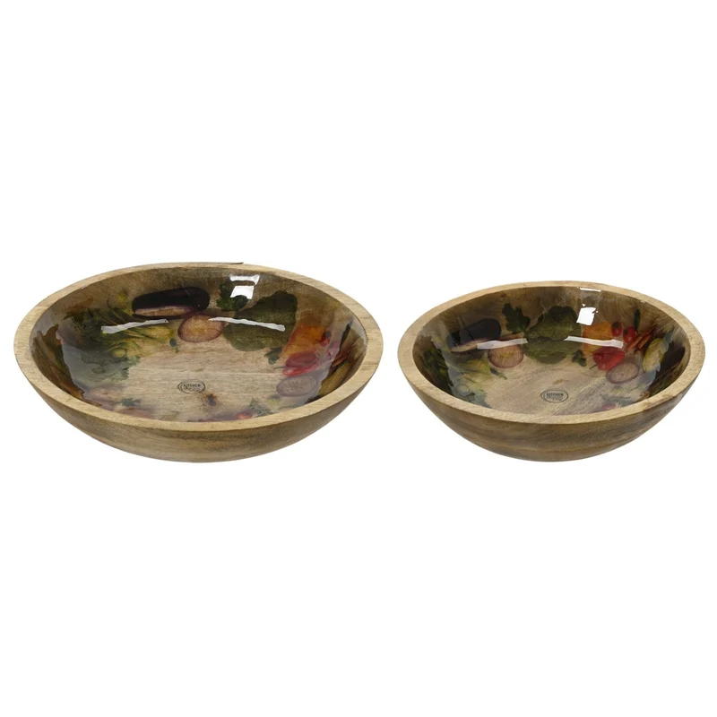 Decoris Round Mango Wood Bowl Set, 2‑Piece, Brown With Veggie Print
