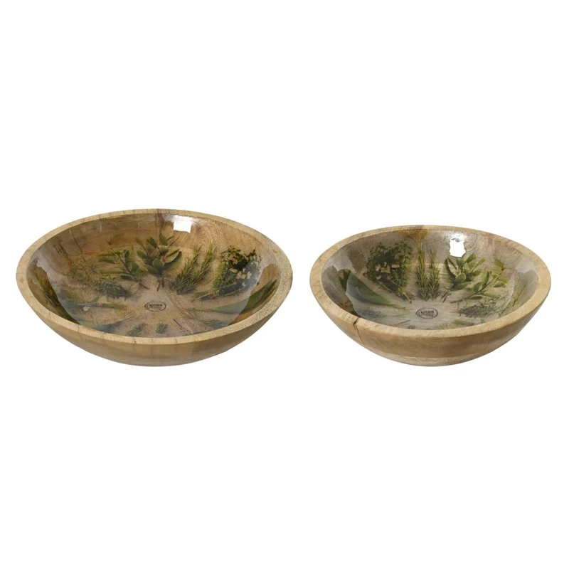 Decoris Round Mango Wood Bowl Set, 2‑Piece, Brown With Herb Print