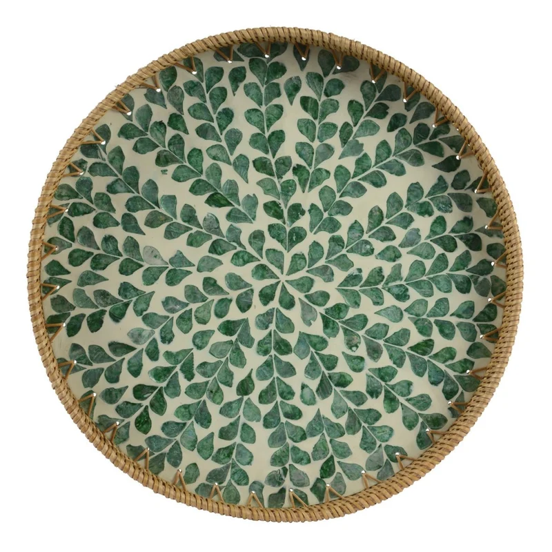 Round Rattan Tray with Green Leaf Pattern – 38cm