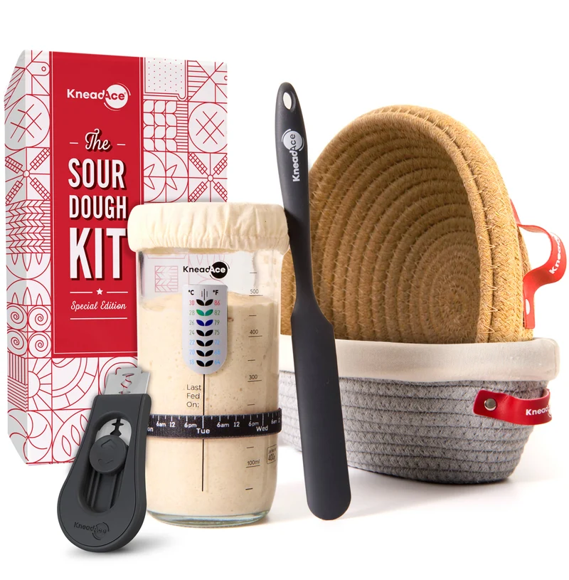 Sauerteig-Set: 680 g Glas, 2 Bannetons aus Baumwollseil, Brot-Rasiermesser