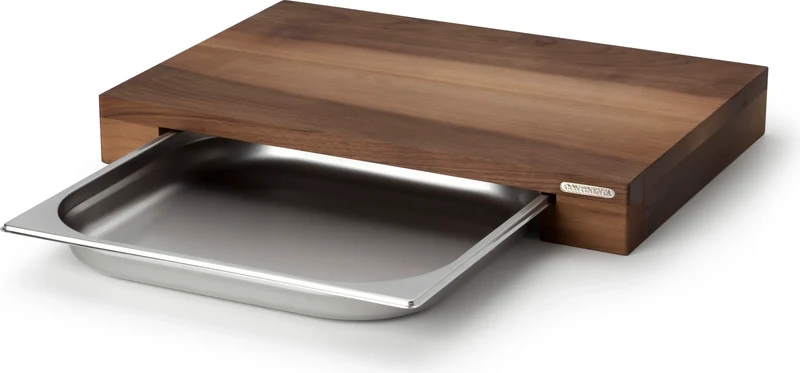 Schneidebrett Walnuss 48 x 32,5 x 6 cm mit Edelstahl-Schublade
