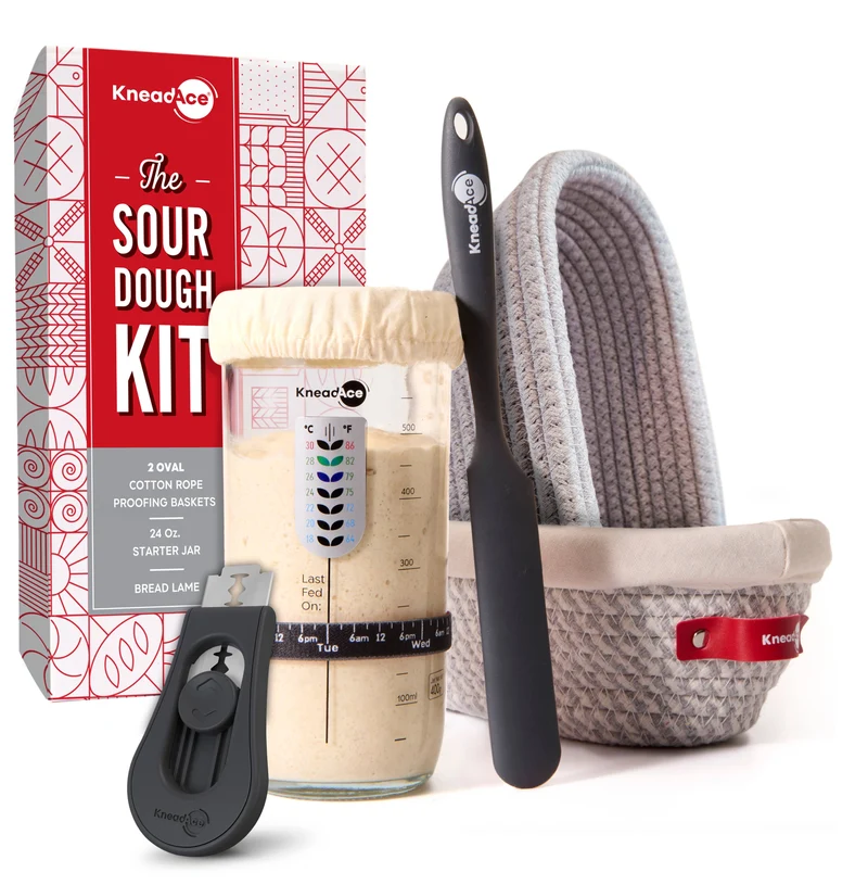 Starter Back-Set: 1x 680g Glas für Sauerteig & 2x ovale Gärkörbe aus Baumwolle & 1x Bäckermesser