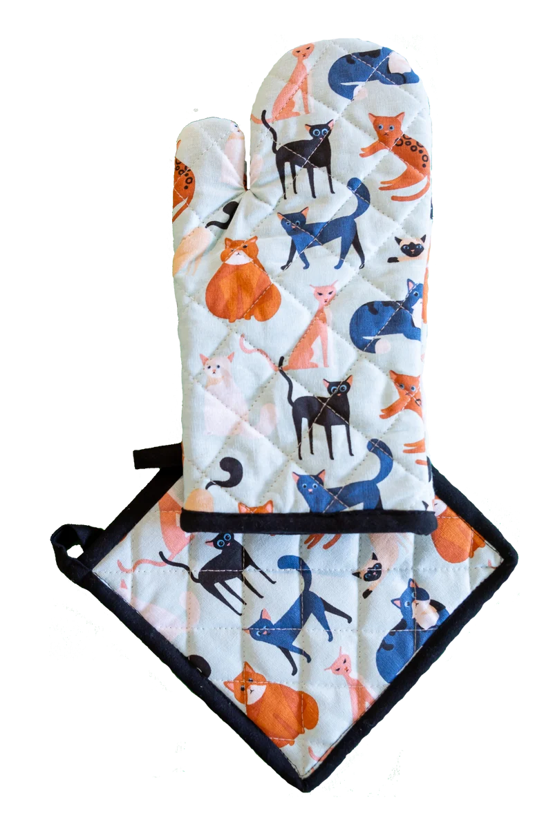Ofenhandschuhen und Topflappen-Set, buntes Katzenmotiv