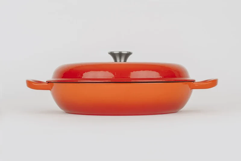 Bräter Gusseisen rund flach d. 30 Höhe 6 cm 3,2l. ofenrot