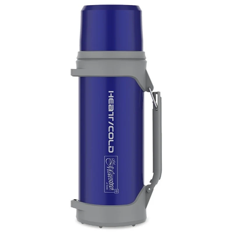 Thermoskanne 1L Isolierflasche mit Trinkbecher 350ml Vakuumisoliert Push-Button 110cm Tragegurt Isolierflasche Edelstahl 304 + Kunststoff für Warm- oder Kaltgetränke (Marineblau)