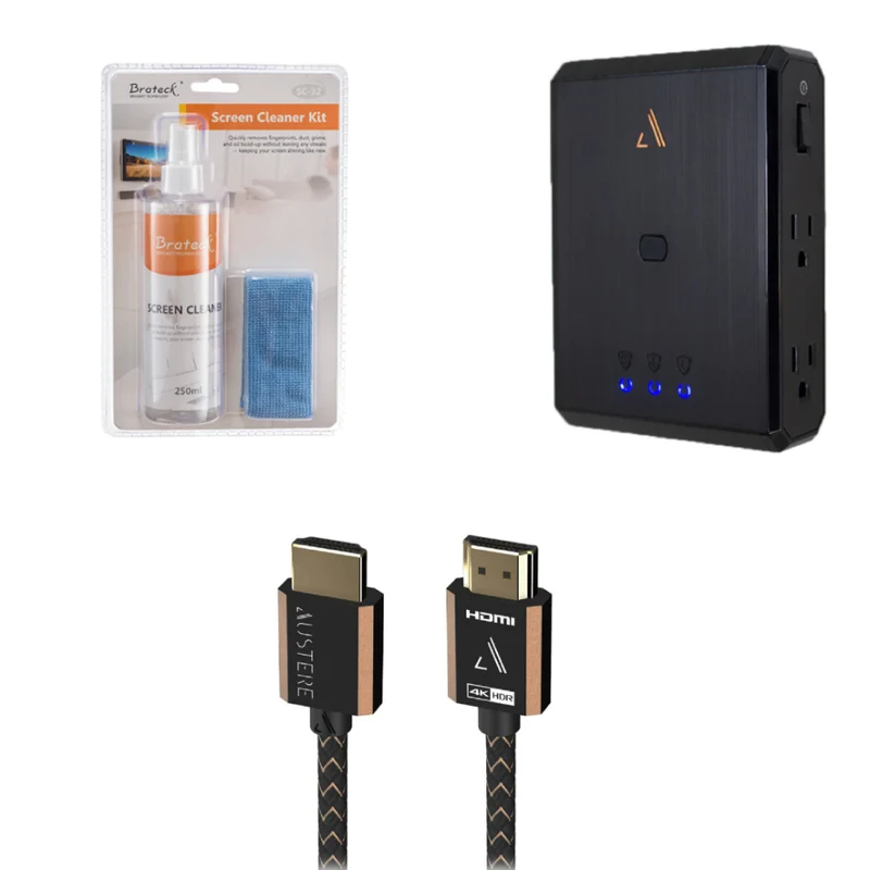Bundle: Austere III Series 4.9' 4K Black HDMI Cable + Austere III Series Wall Tap Black Surge Protector with 4 Outlet + 2-in-1 Screen Cleaner Kit