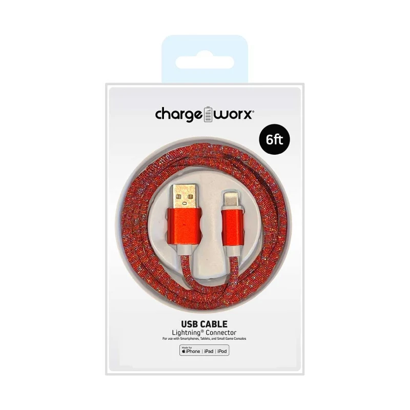 ChargeWorx FlexKnit 6 ft Lightning to USB Type-A Male Cable - Red/White