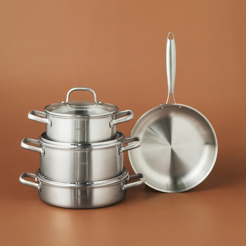 Karaca Power Steel 316+ 3-Ply Akita Edelstahl-Kochgeschirr- und Pfannenset mit Induktionsboden, 7-teilig