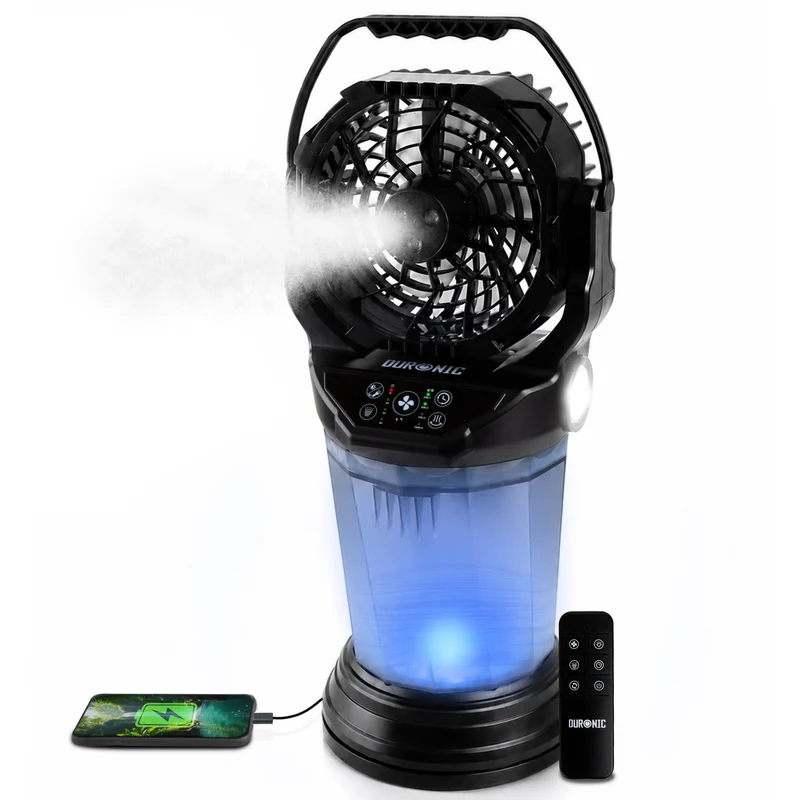 Duronic FM6 Akku Ventilator mit Sprühnebel, Tragbarer Wasserkühler 4 Stufen | 2l Wassertank für 5 Stunden Wasserkühlung, Handventilator mit Fernbedienung, LED Licht und Notsignal, USB C Powerbank