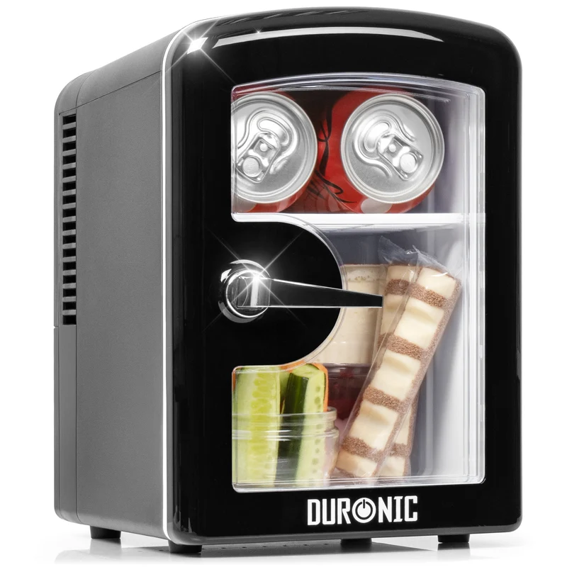 Duronic MFW4 BK Mini Kühlschrank, 4 L Getränkekühlschrank für bis zu 6 Dosen, Für 12V Auto Zigarettenanzünder oder 230V Steckdose, Mini Retro Fridge