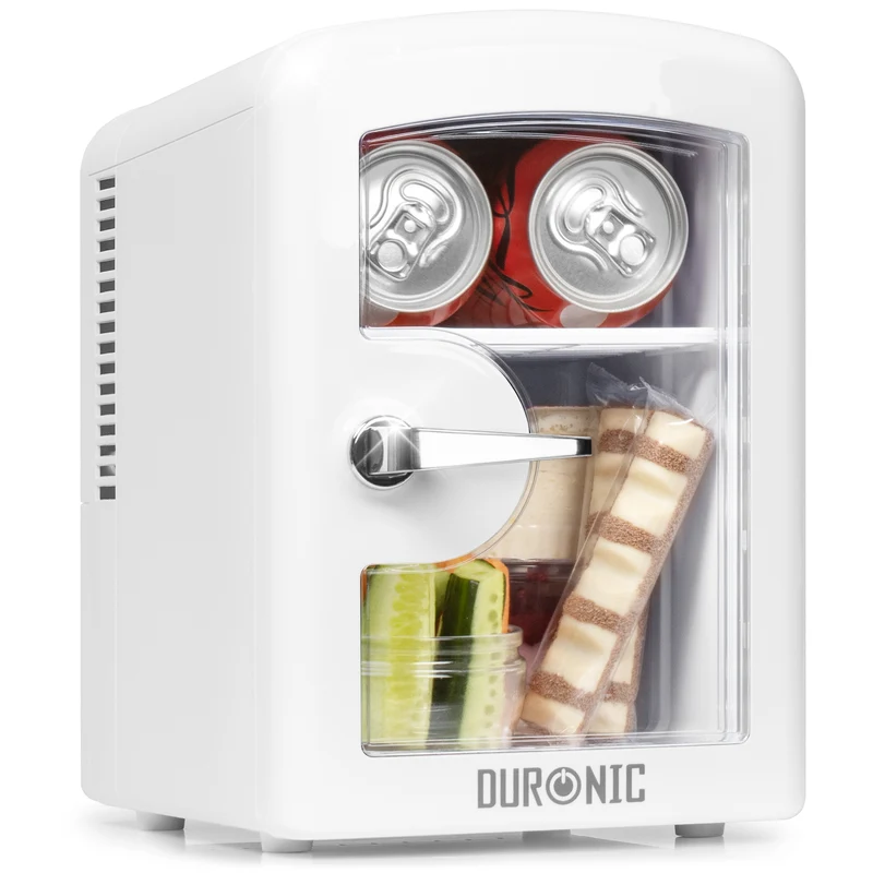 Duronic MFW4 WE Mini Kühlschrank, 4 L Getränkekühlschrank für bis zu 6 Dosen, Für 12V Auto Zigarettenanzünder oder 230V Steckdose, Mini Retro Fridge
