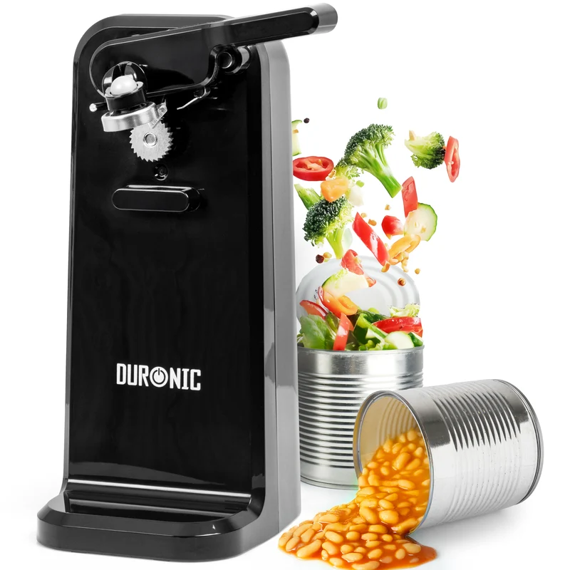 Duronic CO40 BK Dosenöffner, elektrischer Büchsenöffner für bis zu 600 ml Konservendosen, 3-in-1 automatischer Konservenöffner mit Messerschärfer und Flaschenöffner