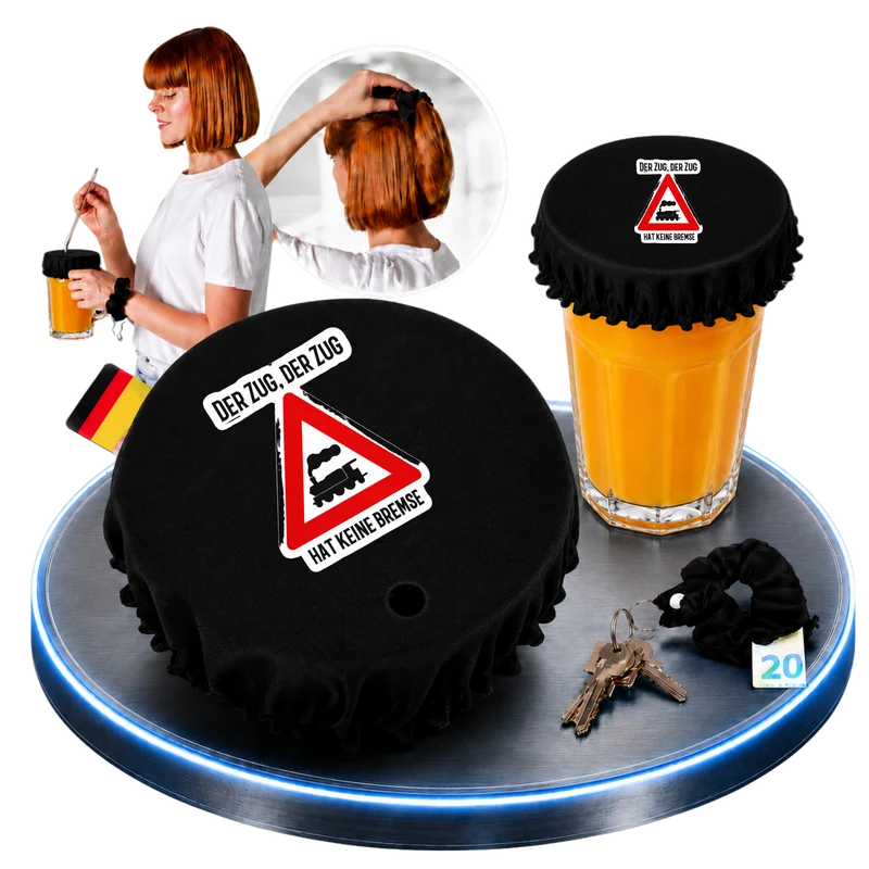 Getränkeschutz-Scrunchie 4in1 – „Der Zug, der Zug hat keine Bremse“