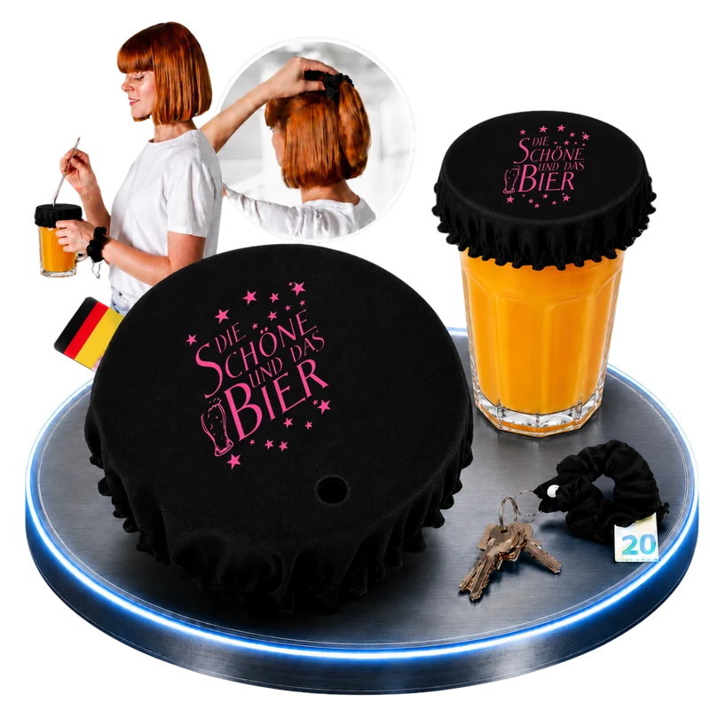 Getränkeschutz-Scrunchie 4in1 – „Die Schöne und das Bier“