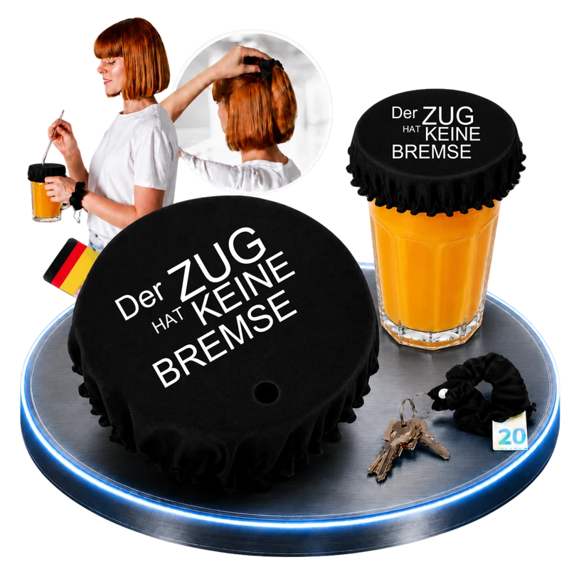Getränkeschutz-Scrunchie 4in1 – „Der Zug hat keine Bremse“