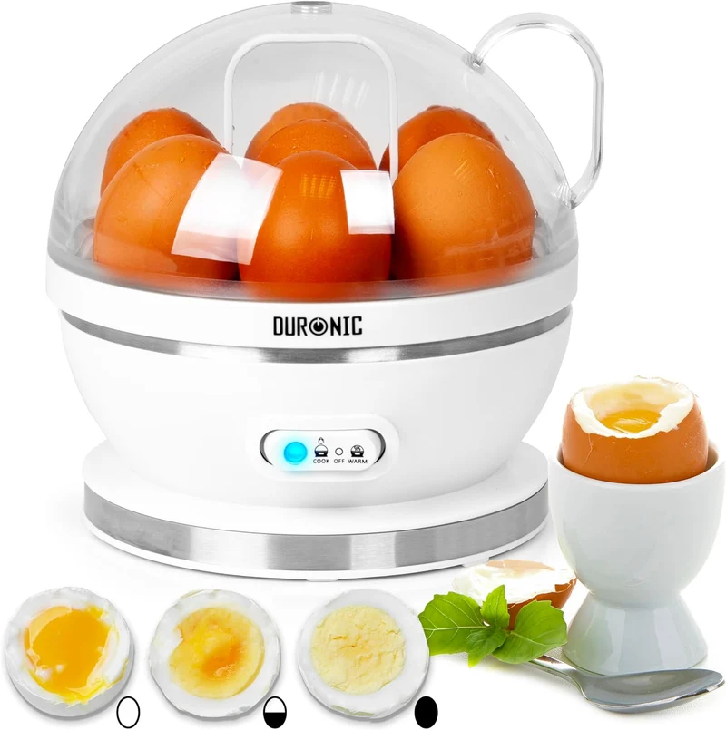 Duronic EB27 WE Eierkocher für bis zu 7 Eier, Elektrischer Egg Boiler 400W Härtegradeinstellung weich, mittel, hart, Timer & Überhitzungsschutz, inkl. Messbecher & Eipick, Perfektes Frühstücksei