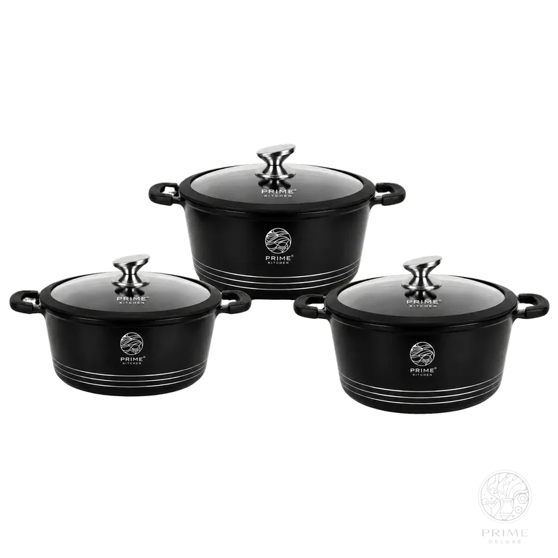 Keramik Kochtopf-Set 3-teilig – 28cm / 32cm / 36cm – Aluguss Töpfe mit Glasdeckel, Induktion geeignet