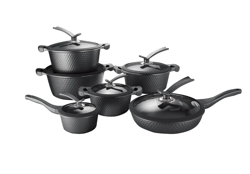 Prime Kitchen 12-teiliges Kochtopfset Diamant-Style – Induktionsgeeignet, Aluminium mit Keramikbeschichtung, Glasdeckel & Antihaft, 3 Farben