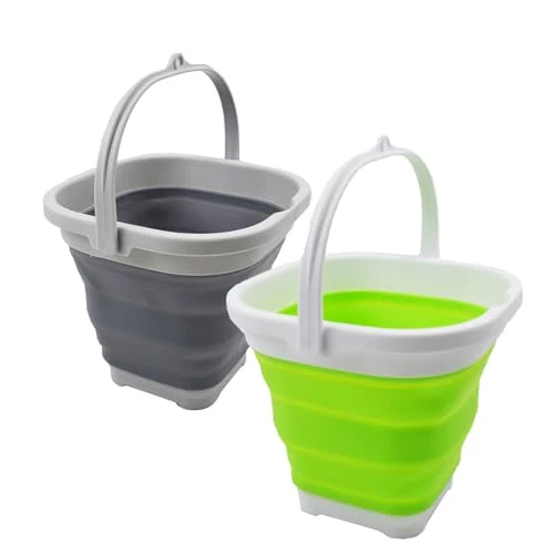 Sammart 2,6 l Super Mini Quadratisch Faltbarer Kunststoffeimer – Faltbarer quadratischer Eimer – Tragbarer Wassereimer – Platzsparender Outdoor-Wassertopf (2, Grau/Grasgrün (2er-Set))