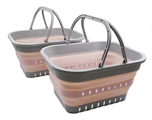 SAMMART 19L zusammenklappbare Wanne mit Griff – tragbarer Outdoor-Picknickkorb/Krater – Faltbare Einkaufstasche – platzsparender Aufbewahrungsbehälter (Grau/Rosa (2er-Set))