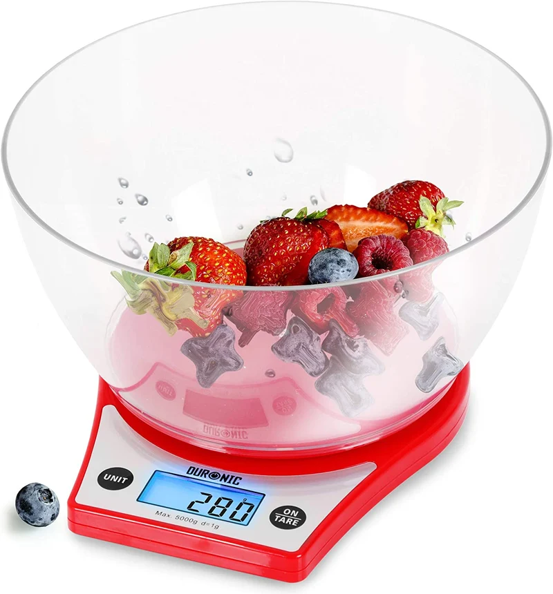 Duronic KS6000 RD Küchenwaage | 5 kg Digitalwaage rund mit 2,5 L abnehmbarer Schüssel | 1 g grammgenau Präzision-Feinwaage | Haushaltswaage mit Tara-Funktion | Digitale Waage mit Hold-Funktion | Backen