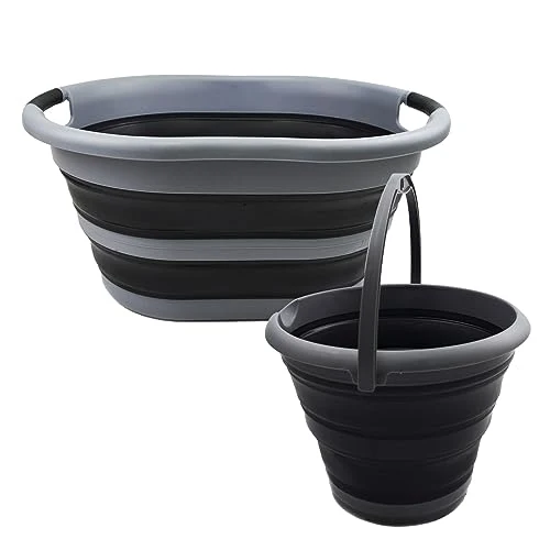 SAMMART 2-teiliges Set: 36 l zusammenklappbarer Kunststoff-Wäschekorb und 10 l zusammenklappbarer Eimer/Wassertopf
