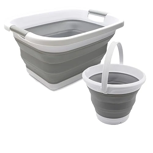 SAMMART 2-teiliges Set: 25 l zusammenklappbarer Wäschekorb aus Kunststoff und 5,5 l zusammenklappbarer Eimer/Wassertopf
