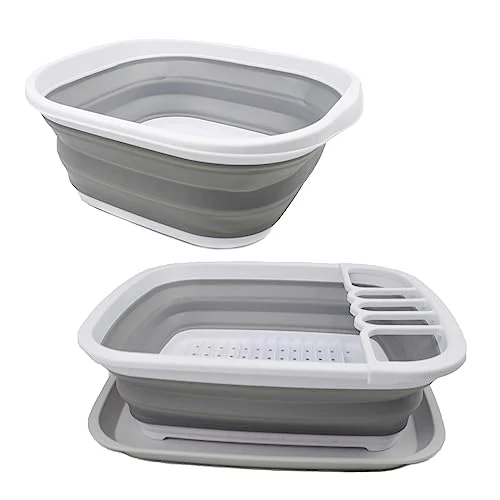SAMMART 2-teiliges Set aus zusammenklappbarer 10L-Wanne und zusammenklappbarem 8L-Geschirrabtropfgestell mit Abtropffläche–faltbares Wäscheständer-Set–tragbares Waschbecken