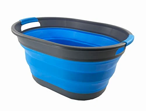SAMMART Ovaler Wäschekorb aus Kunststoff, 28 l, faltbar, Pop-Up-Aufbewahrungsbehälter/Organizer, tragbar, platzsparend (Grau/Karolinenblau)