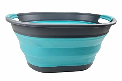 SAMMART Ovaler Wäschekorb aus Kunststoff, 28 l, faltbar, Pop-Up-Aufbewahrungsbehälter/Organizer, tragbar, platzsparend (Grau/Kristallblau)